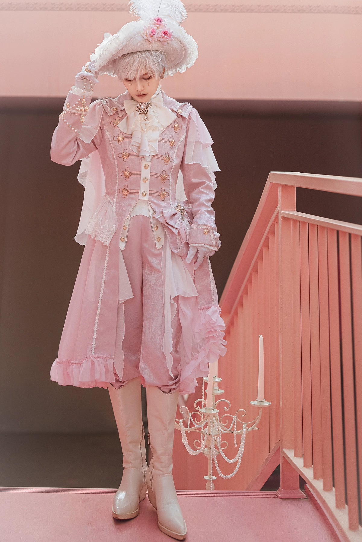 Immortal Thorn~Immortal Glass Castle~Ouji Lolita Handsome Prince Style Pink Long Coat Modern Asymmetric Coat