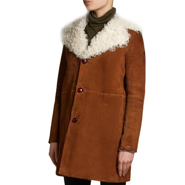 Oversized Notch-Lapel Suede Leather Coat with Fur Collar Sporty Zip-Up Jacket