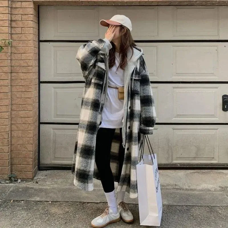 Plaid Net Red Woolen Coat Small Windbreaker Belted Crossover Blazer