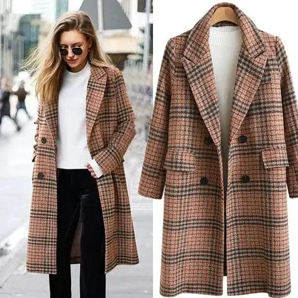 Plus Size Women's Plaid Long Sleeve Lapel Coat Buttoned Peplum Coat