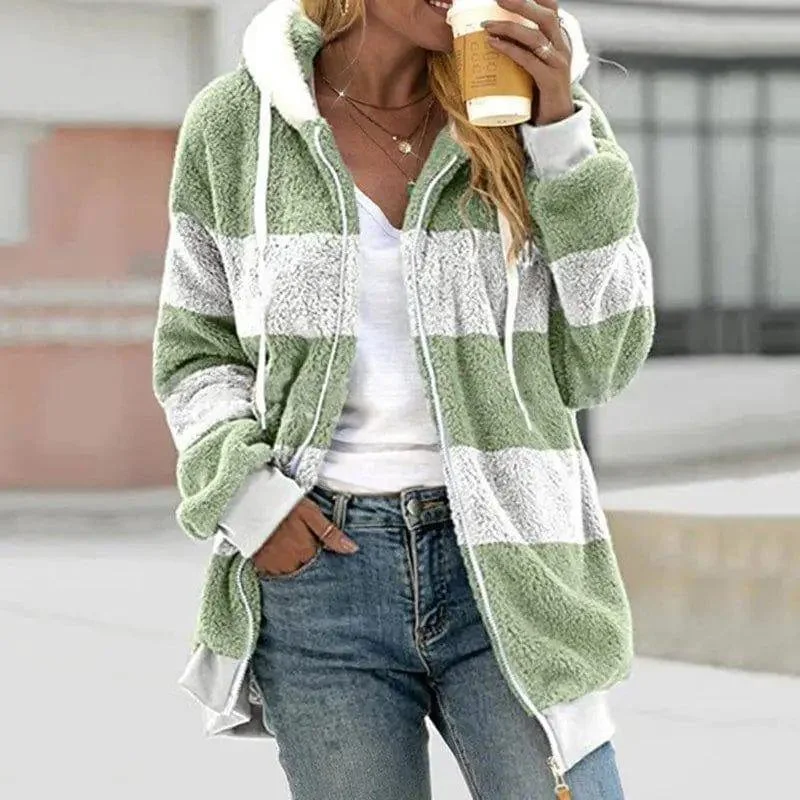 Plush Multicolor Patchwork Hooded Coat Women Quilted Hybrid Jacket