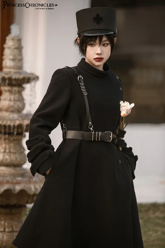 Princess Chronicles~Ouji Lolita Winter Black Long Coat Stretch Fit Moto Jacket