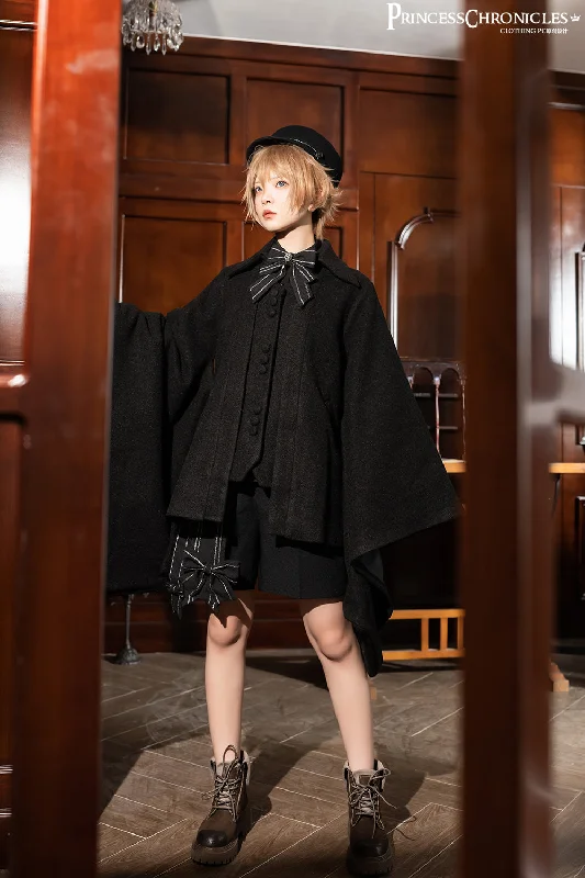 Princess Chronicles~ShenYao~Ouji Lolita Winter Black Long Coat Casual Open-Front Coat