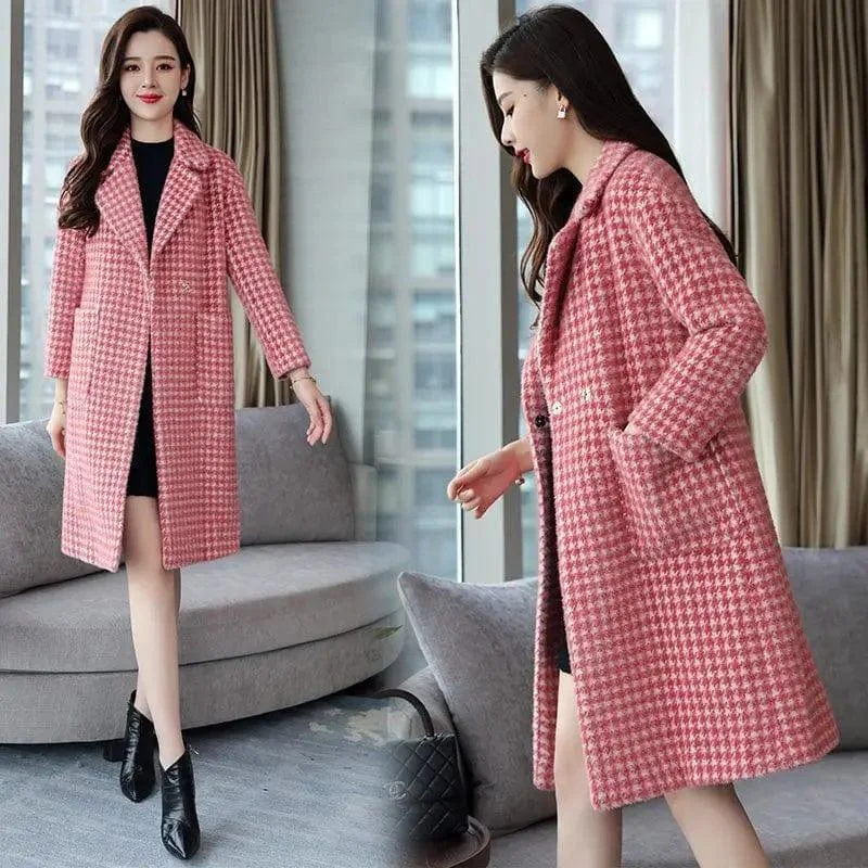 Winter mid-length plaid wool coat with POLO collar Warm Hooded Poncho