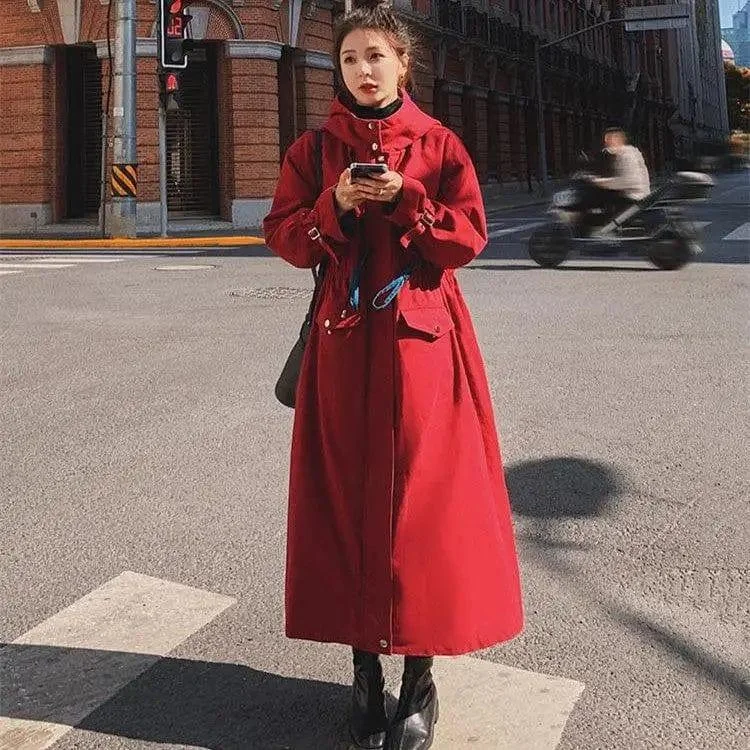 Winter Women's New British Style Hooded Red Cotton Long Coat Double-Layered Poncho