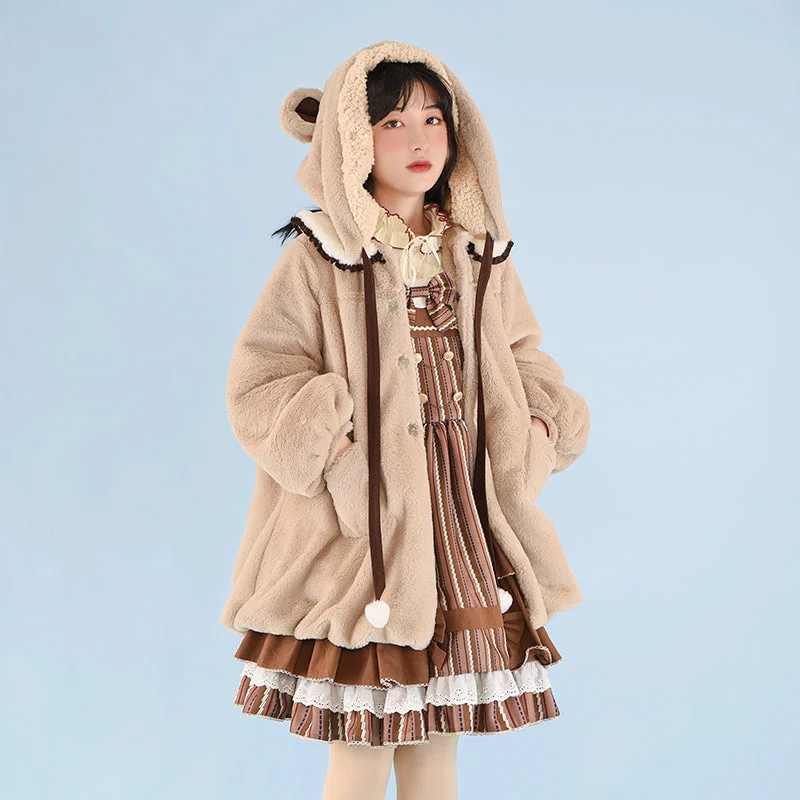With Puji~Bear Coco Tea~Thick Lamb Wool Lolita Warm Coat Quilted Hybrid Jacket