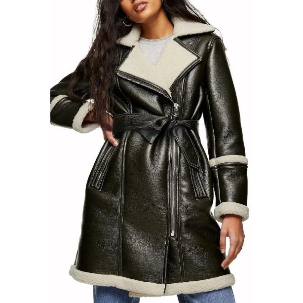 Women Genuine Leather Shearling Lined Coat in Black Longline Wool Coat