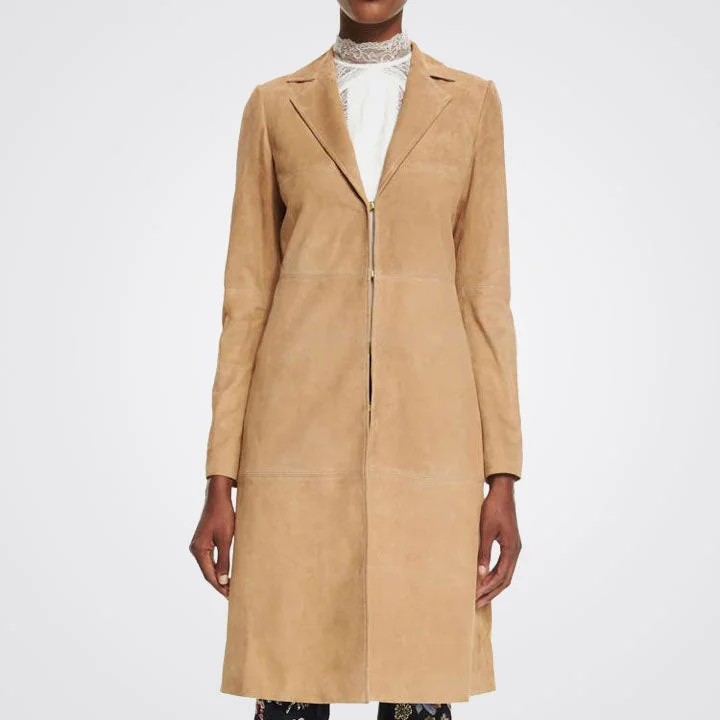 Women's Beige Mid-Length Suede Leather Coat Classic Riding Jacket