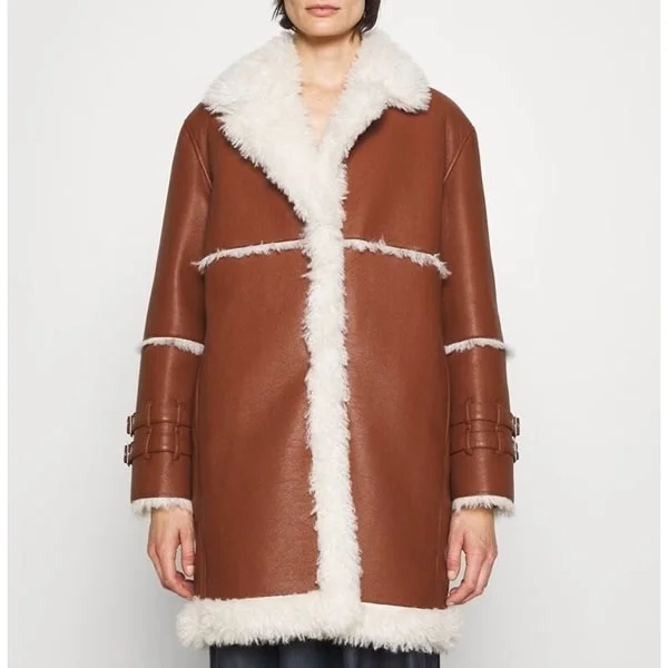 Women's Brown Aviator Shearling Sheepskin Coat Oversized Teddy Coat