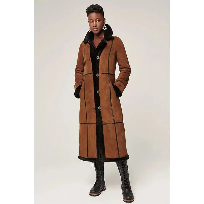 Women's Brown Suede Leather Shearling Fur Coat Quilted Puffer Jacket