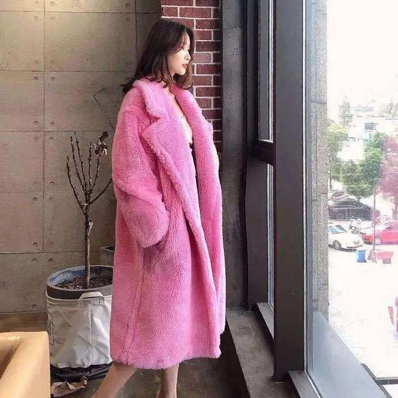 Women's Fur And Lamb Woolen  Long Coat Padded Ski Jacket