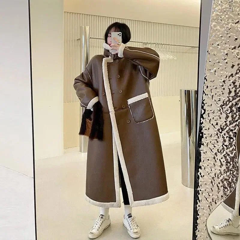 Women's Fur Padded Lambswool Coat Collared Pea Coat