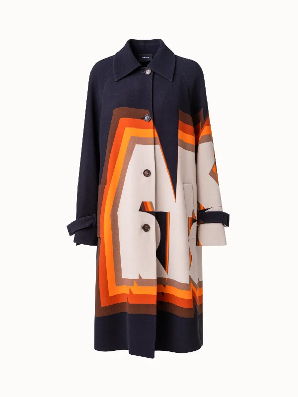 Wool Coat with Superimposed Letters Print Belted Midi-Length Coat