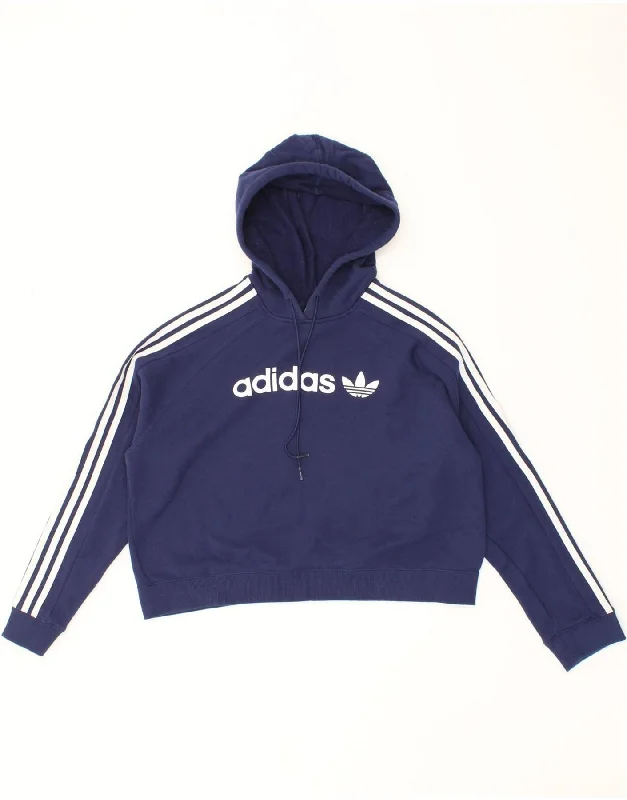 ADIDAS Womens Crop Graphic Hoodie Jumper UK 12 Medium Navy Blue Cotton Hoodie with Hem Fringe Bohemian Relaxed ADIDAS Womens Crop Graphic Hoodie Jumper UK 12 Medium Navy Blue Cotton Hoodie with Hem Fringe Bohemian Relaxed