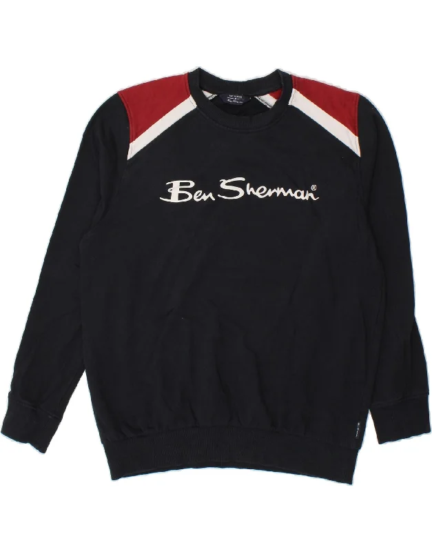 BEN SHERMAN Mens Graphic Sweatshirt Jumper Medium Navy Blue Colourblock Hoodie with Sequins Glamorous Eye-catching BEN SHERMAN Mens Graphic Sweatshirt Jumper Medium Navy Blue Colourblock Hoodie with Sequins Glamorous Eye-catching