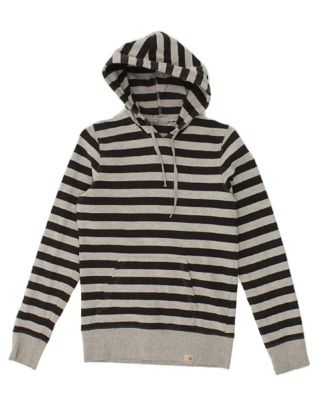 CARHARTT Womens Hoodie Jumper UK 10 Small Grey Striped Cotton Hoodie with Oversized Fit Loose Comfortable CARHARTT Womens Hoodie Jumper UK 10 Small Grey Striped Cotton Hoodie with Oversized Fit Loose Comfortable
