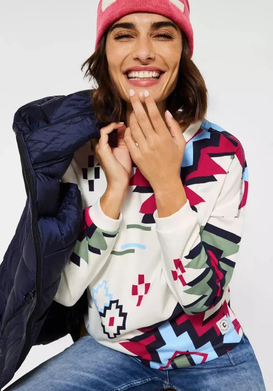 Cecil Ikat Print Sweatshirt, Vanilla Multi Hoodie with Stripes Bold Sporty