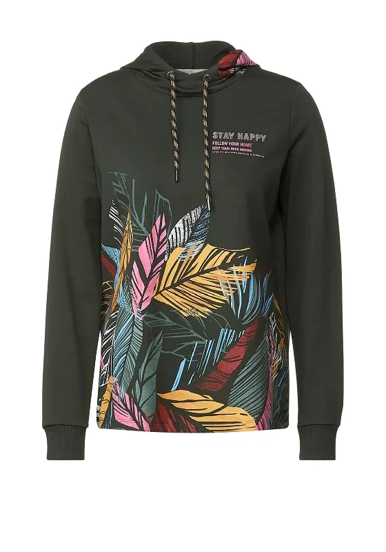 Cecil Leaf & Text Print Hoodie, Deep Pine Green Hoodie with Slim Fit Tailored Modern Cecil Leaf & Text Print Hoodie, Deep Pine Green Hoodie with Slim Fit Tailored Modern