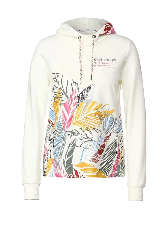 Cecil Leaf & Text Print Hoodie, Vanilla White Hoodie with Cropped Fit Short Trendy