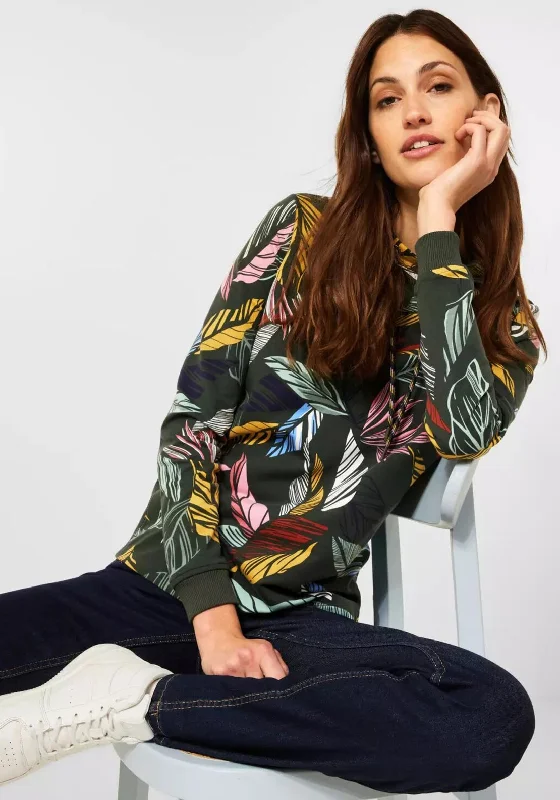 Cecil Leaf Print Cowl Neck Sweatshirt, Khaki Multi Hoodie with Applique Textured Unique Cecil Leaf Print Cowl Neck Sweatshirt, Khaki Multi Hoodie with Applique Textured Unique