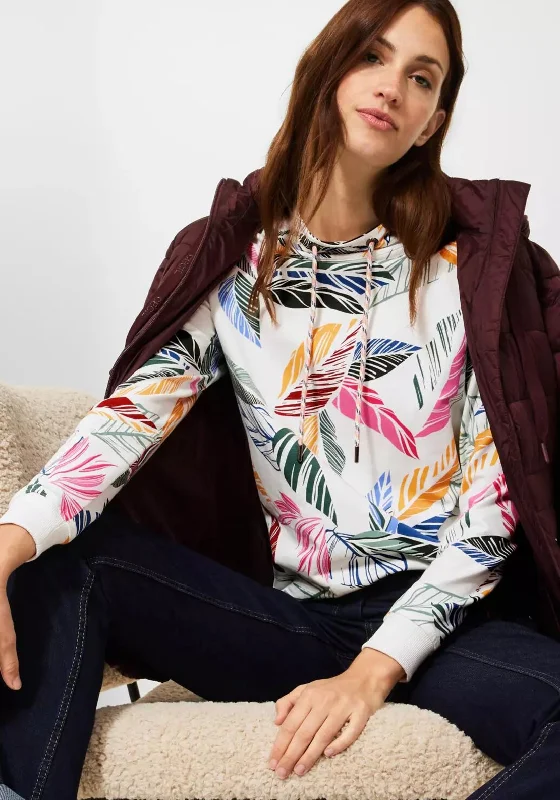 Cecil Leaf Print Cowl Neck Sweatshirt, White Multi Hoodie with Pattern Geometric Abstract Cecil Leaf Print Cowl Neck Sweatshirt, White Multi Hoodie with Pattern Geometric Abstract