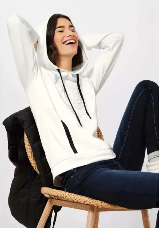 Cecil Embossed Logo Hoodie, White Hoodie with Elastic Cuffs Stretchable Comfortable