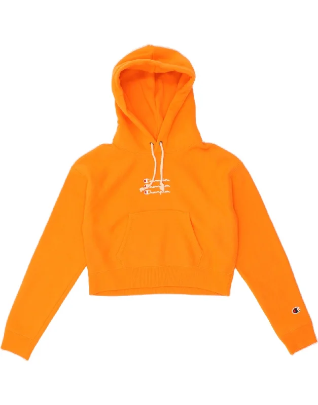 CHAMPION Womens Crop Graphic Hoodie Jumper UK 6 XS Orange Cotton Hoodie Fleece Lining Warmth CHAMPION Womens Crop Graphic Hoodie Jumper UK 6 XS Orange Cotton Hoodie Fleece Lining Warmth