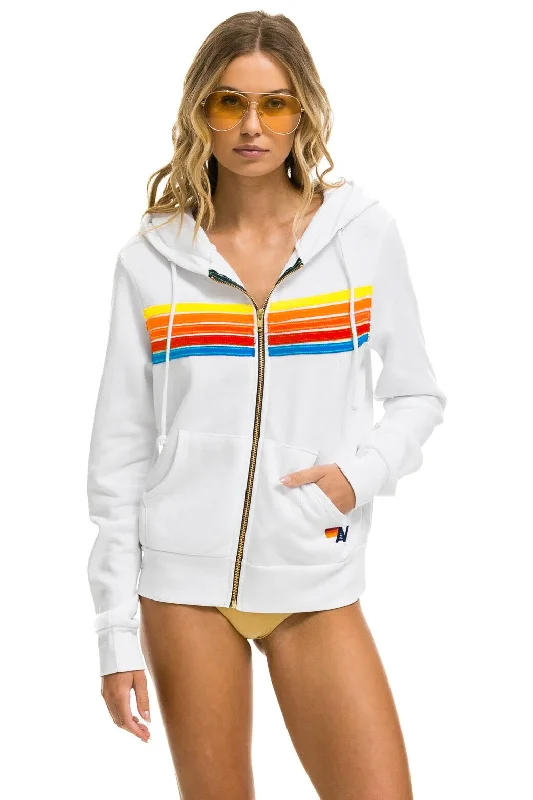 5 STRIPE HOODIE - WHITE // NEON RAINBOW Hoodie with Hem Embroidery Detailed Premium