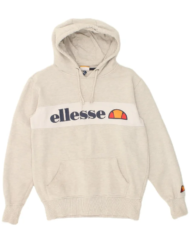 ELLESSE Womens Graphic Hoodie Jumper UK 6 XS Grey Colourblock Hoodie with Distressed Vintage Worn