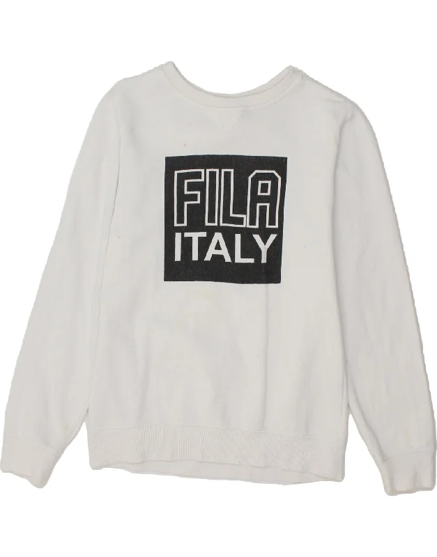 FILA Womens Graphic Sweatshirt Jumper UK 10 Small White Cotton Hoodie with Magnetic Closure Innovative Modern FILA Womens Graphic Sweatshirt Jumper UK 10 Small White Cotton Hoodie with Magnetic Closure Innovative Modern