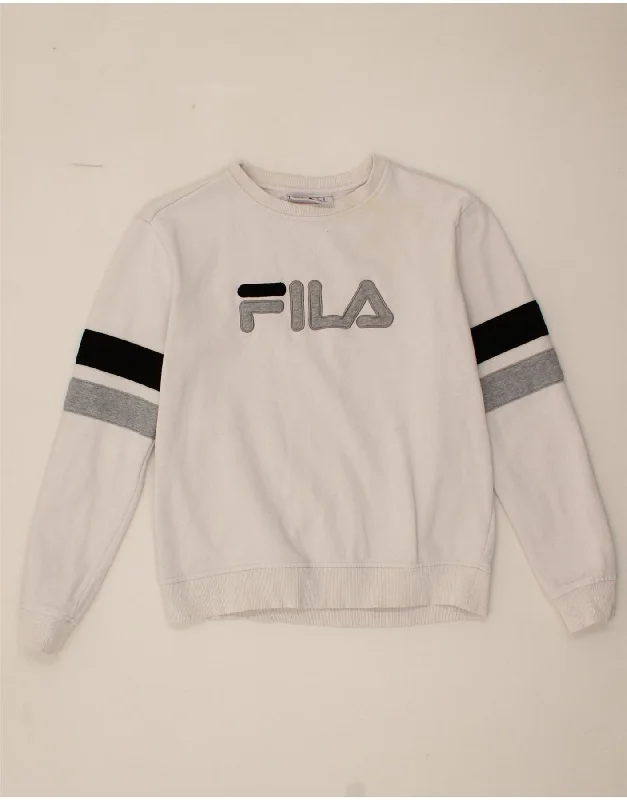 FILA Womens Graphic Sweatshirt Jumper UK 14 Medium White Cotton Hoodie with Mesh Breathable Sporty