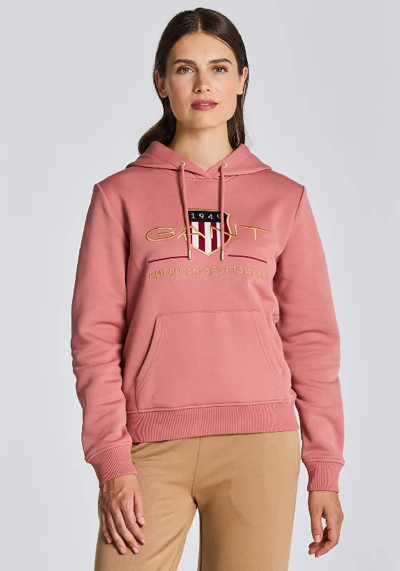 Gant Womens Archive Shield Hoodie, Terracotta Pink Hoodie with Fur Luxurious Winter
