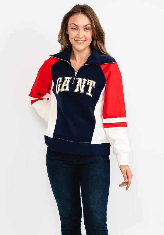 Gant Womens Colour Block Half Zip Sweatshirt, Classic Blue Hoodie with Front Slit Layering Stylish Gant Womens Colour Block Half Zip Sweatshirt, Classic Blue Hoodie with Front Slit Layering Stylish