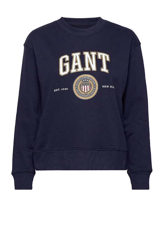 Gant Crest Shield Crew Neck Sweatshirt, Classic Blue Hoodie with Front Slit Layering Stylish Gant Crest Shield Crew Neck Sweatshirt, Classic Blue Hoodie with Front Slit Layering Stylish