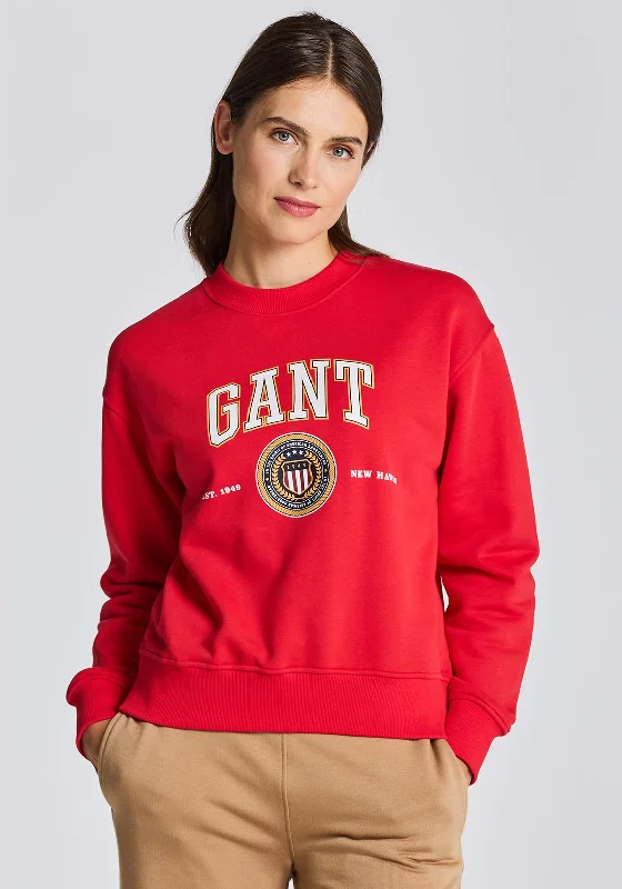 Gant Crest Shield Crew Neck Sweatshirt, Bright Red Hoodie with Strings Custom Fit Adjustable Gant Crest Shield Crew Neck Sweatshirt, Bright Red Hoodie with Strings Custom Fit Adjustable