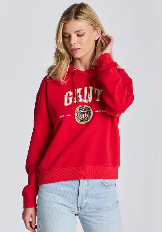Gant Womens Crest Shield Hoodie, Bright Red Hoodie with Lining Warm Insulated