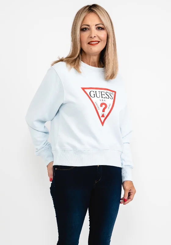 Guess Womens Logo Sweatshirt, Light Blue Hoodie with Ribbed Cuffs Snug Fit Comfort
