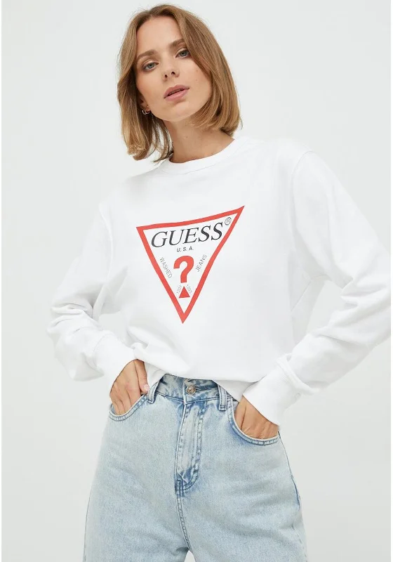 Guess Womens Logo Sweatshirt, White Zip Hoodie Drawstring Kangaroo Pocket