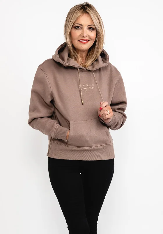 Guess Womens Zipped Side Hoodie, Mocha Hoodie with Drawcord Adjustable Secure