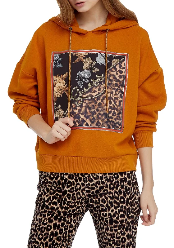 Guess Floral & Animal Print Hoodie, Orange Hoodie with Cuffed Sleeves Snug Secure
