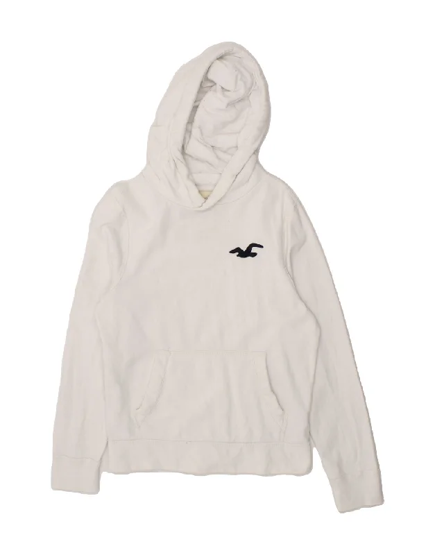 HOLLISTER Womens Hoodie Jumper UK 10 Small White Cotton Hoodie with Hem Applique Textured Unique HOLLISTER Womens Hoodie Jumper UK 10 Small White Cotton Hoodie with Hem Applique Textured Unique