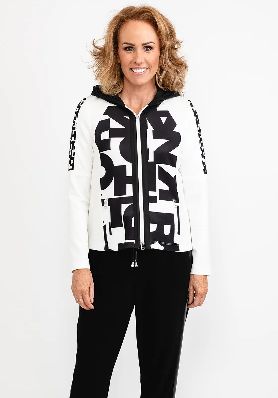 I’cona Letter Print Full Zip Hoodie, White & Black Hoodie Jacket Zipper Layering