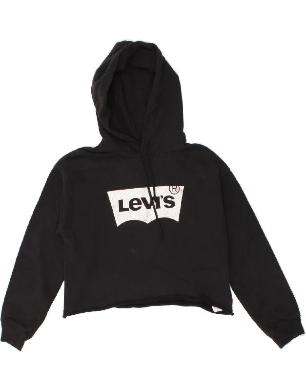 LEVI'S Womens Crop Graphic Hoodie Jumper UK 6 XS Black Cotton Hoodie with Print Artistic Unique