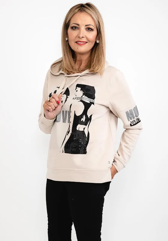 Monari Cowl Neck Sweatshirt, Beige Hoodie with Hem Patch Decorative Personalized