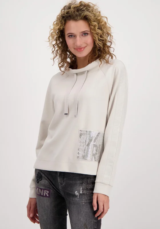 Monari Rhinestone Patch High Collar Sweatshirt, Beige Hoodie with Logo Branding Identity Monari Rhinestone Patch High Collar Sweatshirt, Beige Hoodie with Logo Branding Identity