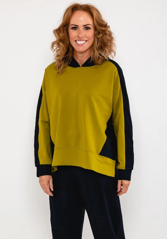 Naya Colour Block Hoodie, Lime & Navy Hoodie with Hem Fringe Bohemian Relaxed