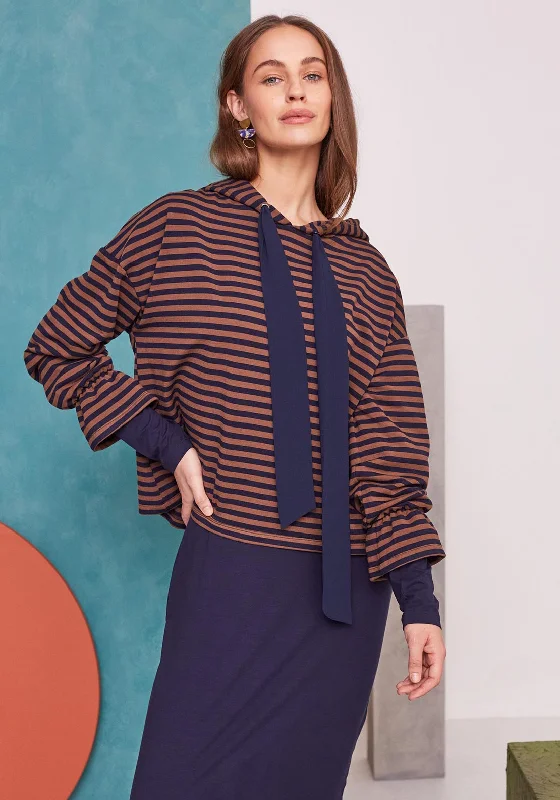 Naya Mesh Ribbon Striped Hoodie, Navy & Brown Hoodie with Raglan Sleeves Sporty Comfortable Naya Mesh Ribbon Striped Hoodie, Navy & Brown Hoodie with Raglan Sleeves Sporty Comfortable
