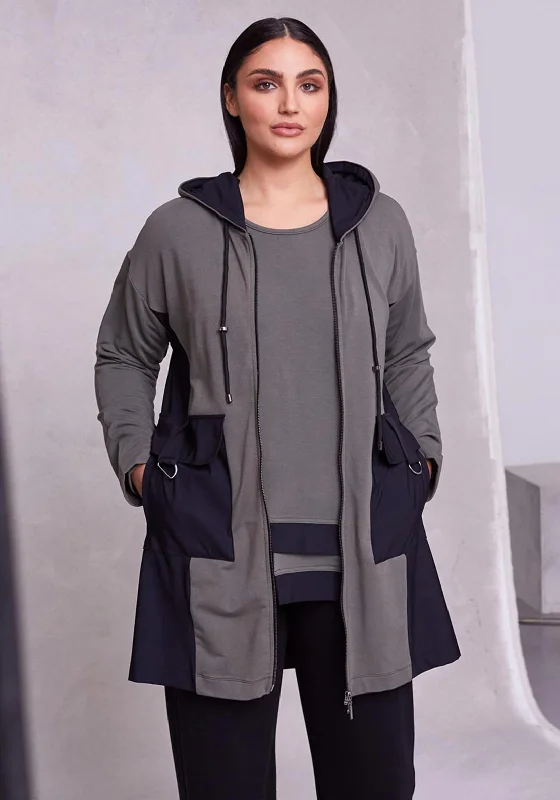 Ora Full Zip Long Hoodie, Army & Black Hoodie with Crew Neck Simple Timeless