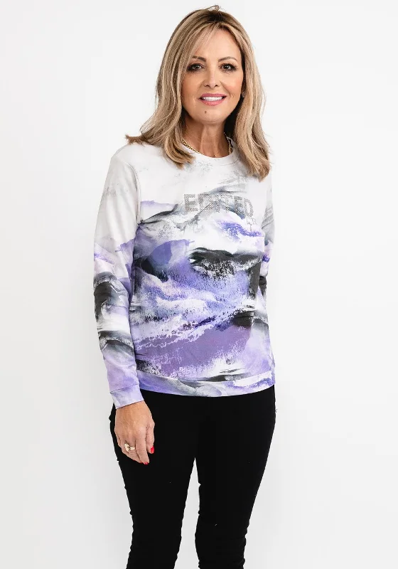 Rabe Rhinestone & Abstract Print Sweatshirt, Purple Multi Hoodie with Turtle Neck Cozy Winter Rabe Rhinestone & Abstract Print Sweatshirt, Purple Multi Hoodie with Turtle Neck Cozy Winter