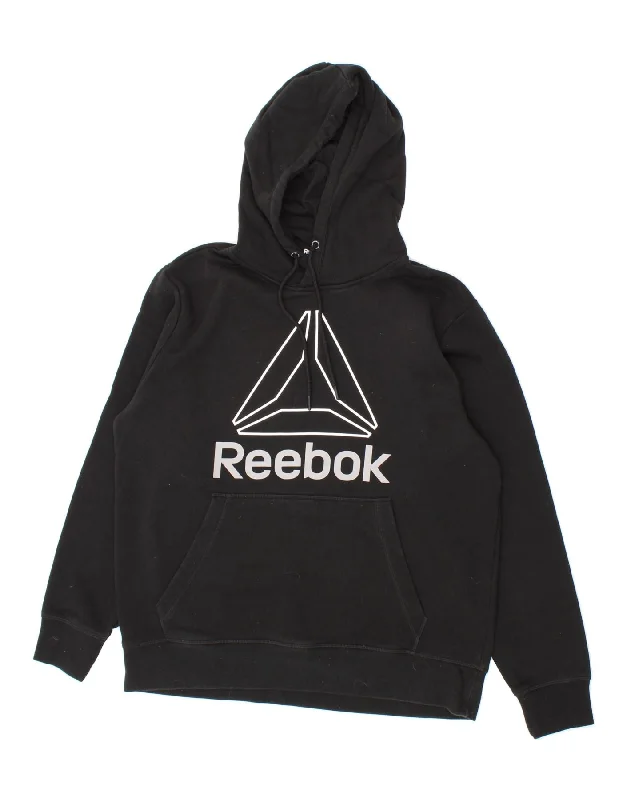 REEBOK Mens Graphic Hoodie Jumper Medium Black Cotton Hoodie with Longline Fit Extended Stylish